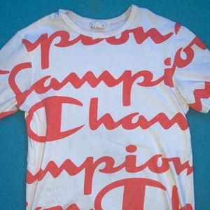 Champion all over logo salmon and white t-shirt